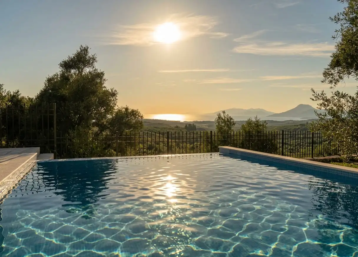 Pool mit Blick auf Meer und Berge